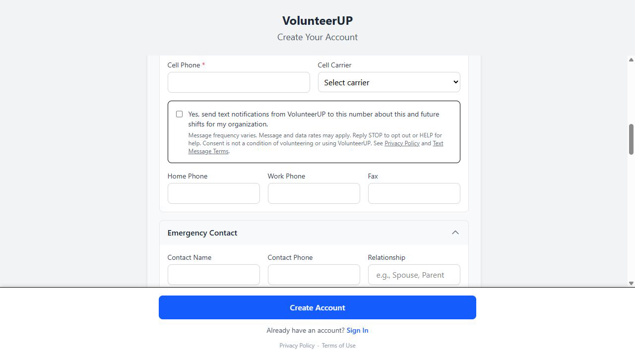 VolunteerUP registration form showing a cell phone field and the complete unchecked SMS consent disclosure