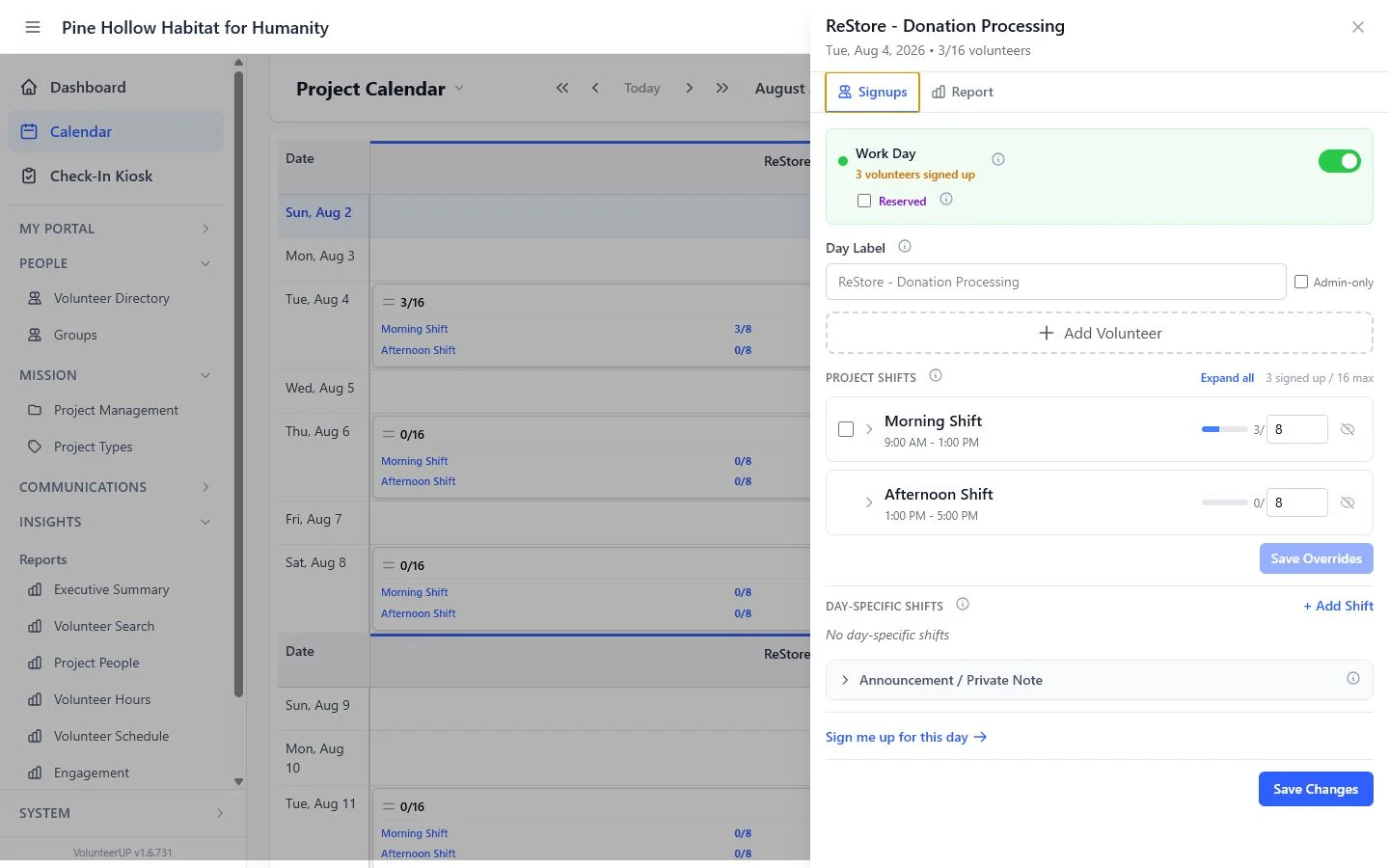VolunteerUP calendar and check-in workflow